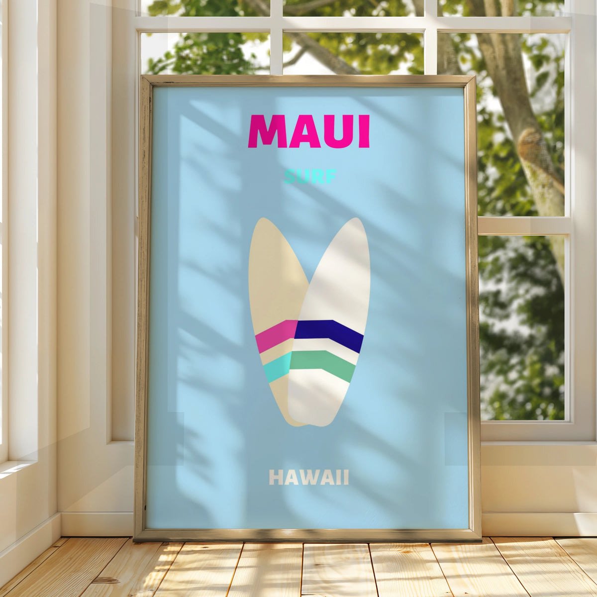 Maui Hawaii Travel Poster, Surf Wall Art, Retro Surfboard Print, Beach Decor