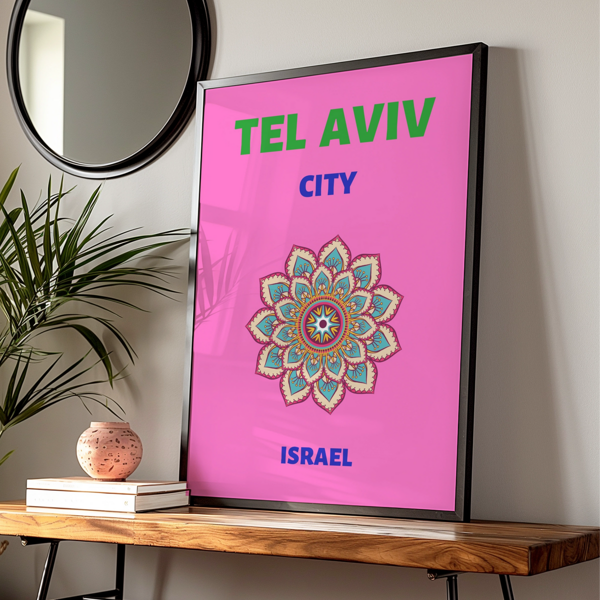 Tel Aviv Travel Poster, Israel Wall Art, Mandala Print, Retro City Decor, Bold Pink