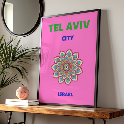 Tel Aviv Travel Poster, Israel Wall Art, Mandala Print, Retro City Decor, Bold Pink