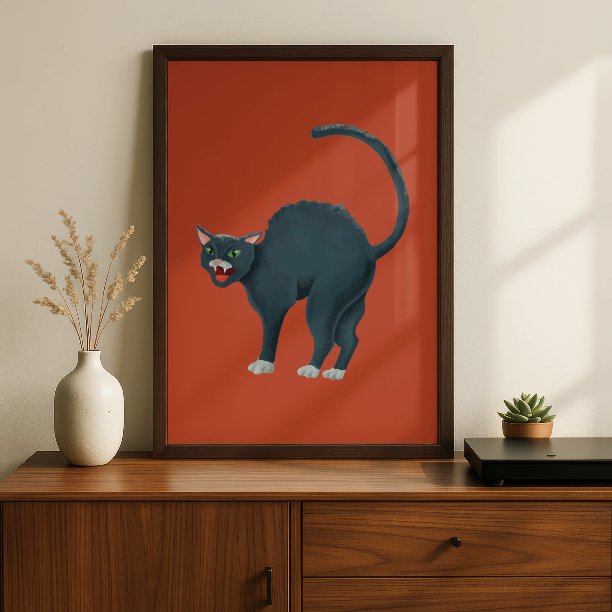 Halloween Black Cat Poster, Spooky Cat Wall Art, Arched Cat Print, Bold Red Halloween Decor