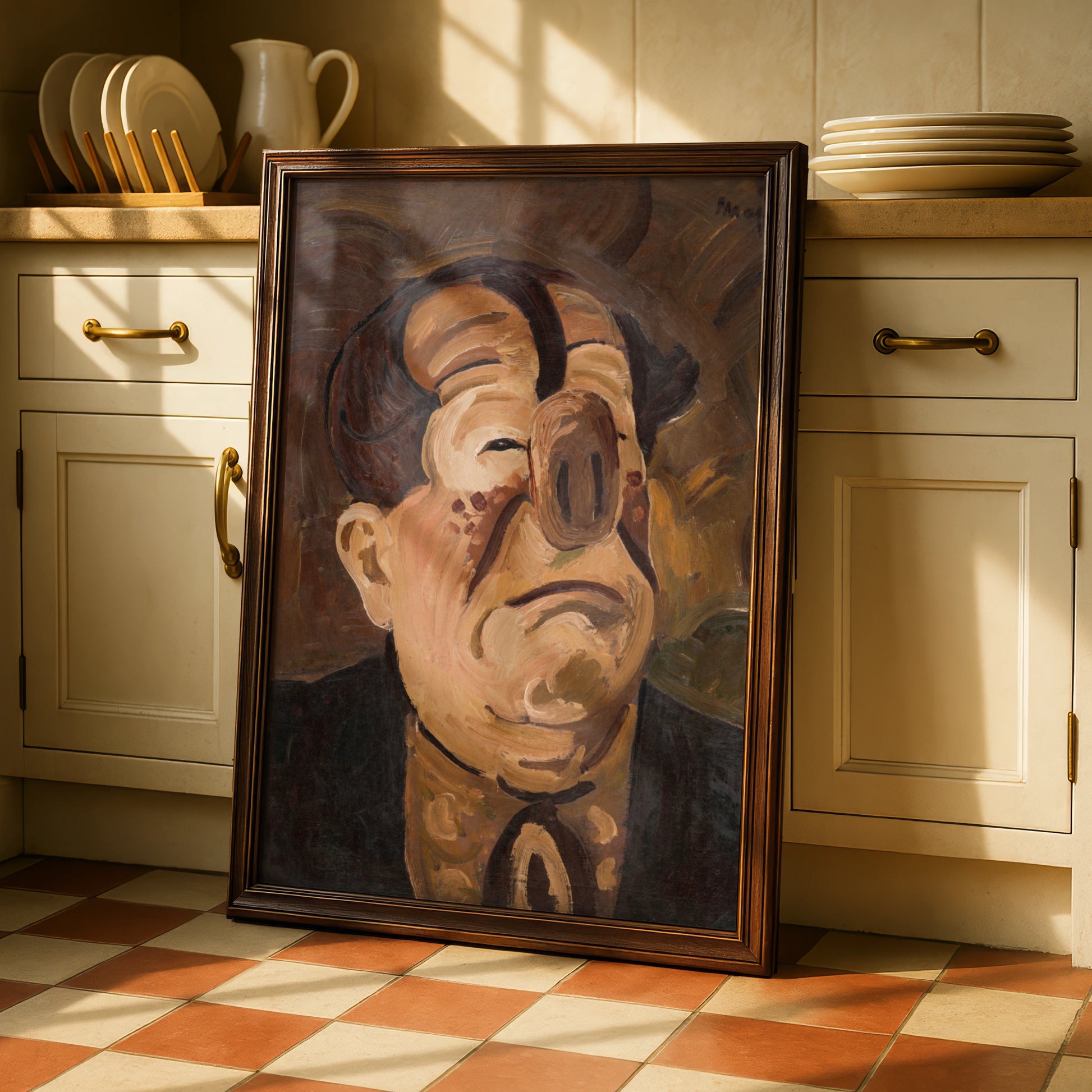 Halloween Cubist Face Poster, Surreal Distorted Portrait Wall Art, Spooky Dark Brown Gallery Print