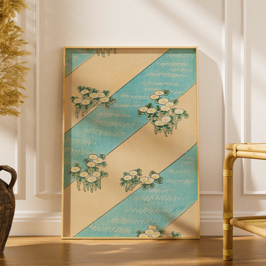Japanese Botanical Print, Vintage Floral Wall Art, Woodblock Poster, Japandi Teal Cream Decor – A5 print