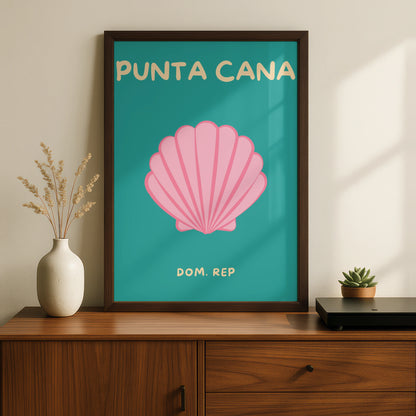 Punta Cana Travel Poster, Dominican Republic Wall Art, Retro Beach Print, Teal Pink Seashell