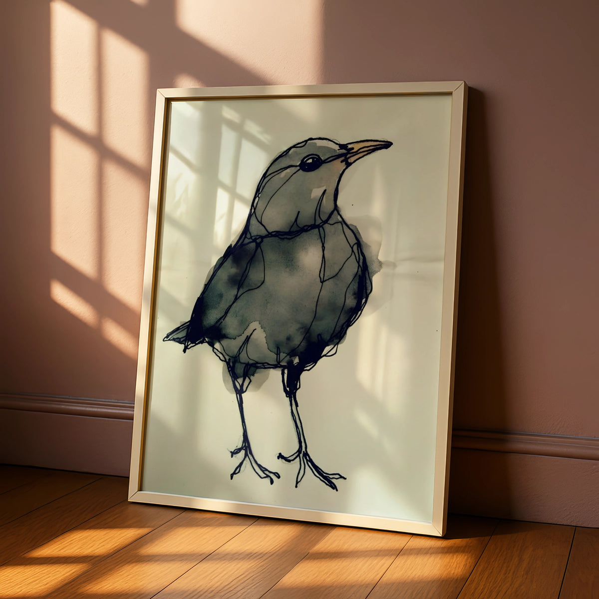 Blackbird Ink Sketch Print, Monochrome Wall Art, Minimalist Bird Poster, Grey Modern Decor