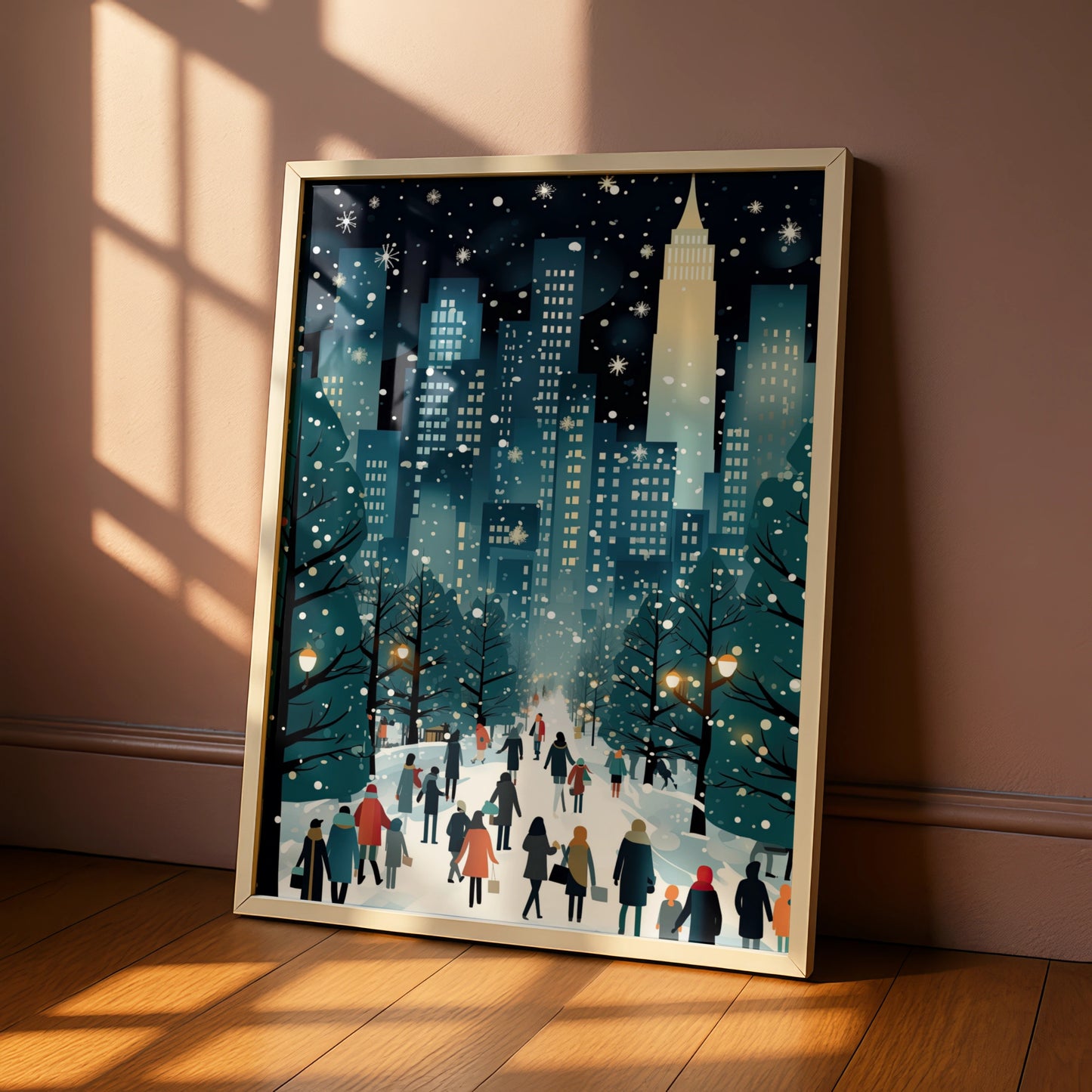 Christmas New York City Poster, Winter Snowy NYC Skyline Art, Festive Holiday Wall Decor Print