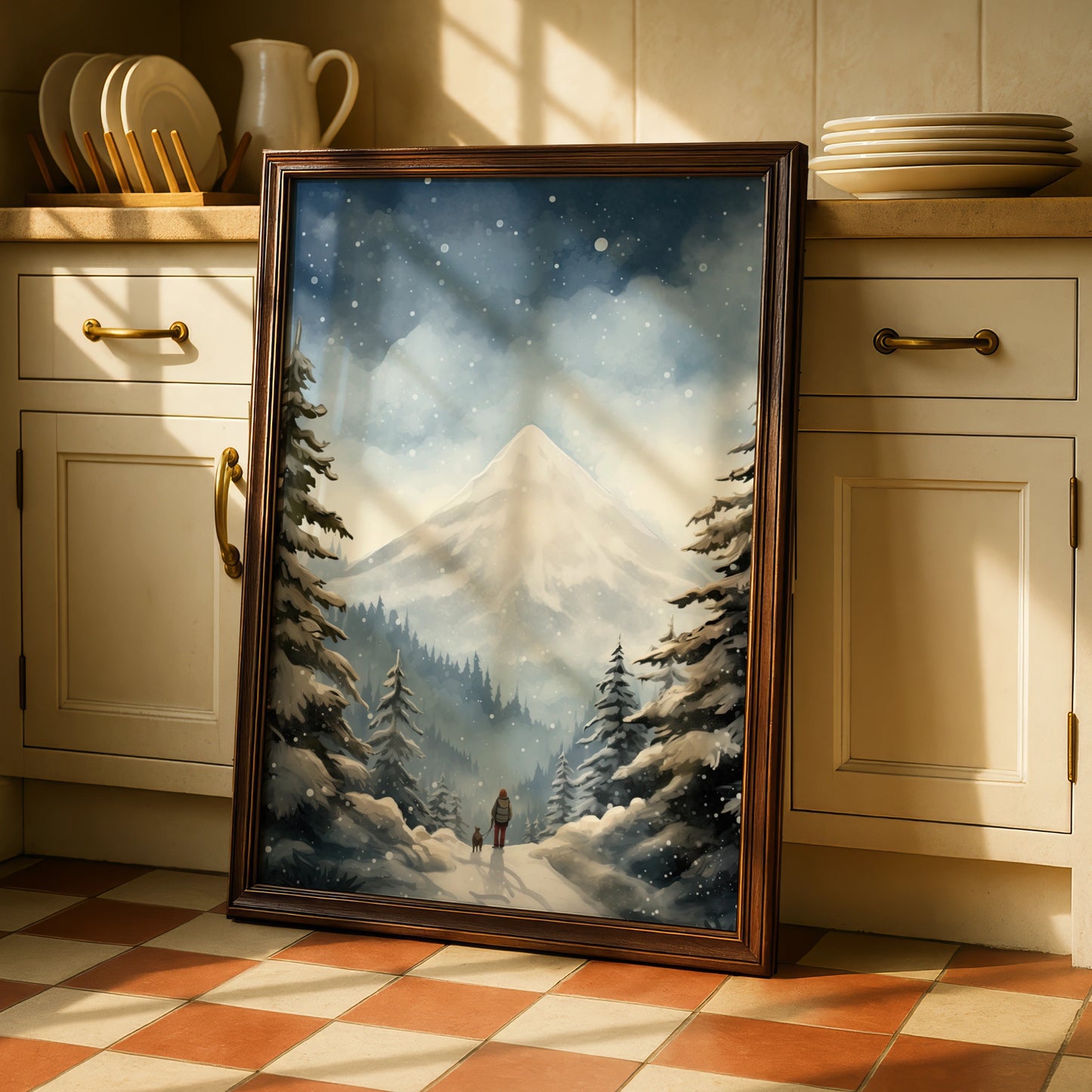 Christmas Winter Mountain Poster, Snowy Forest Walk Dog Print, Festive Wall Art