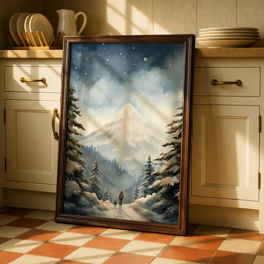 Christmas Winter Mountain Poster, Snowy Forest Walk Dog Print, Festive Wall Art