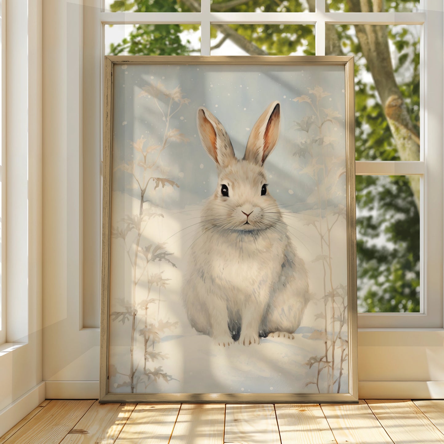 Christmas Rabbit Poster, Winter Snow Bunny Wall Art, Festive Nordic Animal Print, Cosy Holiday Decor