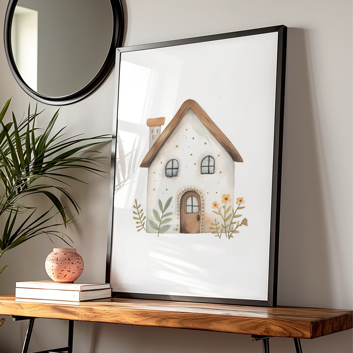 Nursery Wall Art Cute House Print, Boho Watercolour Poster, Baby Room Floral Decor
