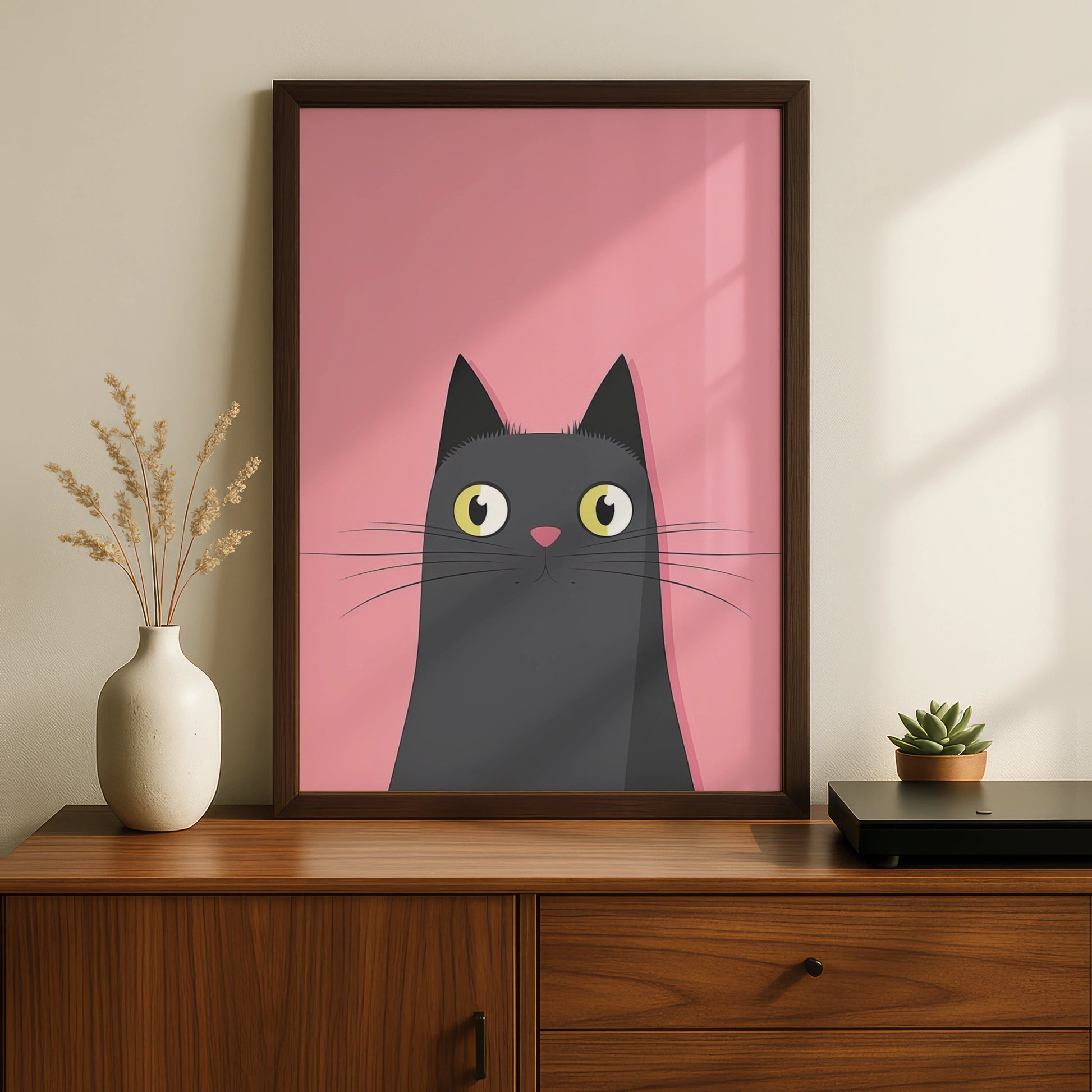 Black Cat Nursery Wall Art, Cute Cat Poster, Pink Kids Room Print, Minimalist Animal