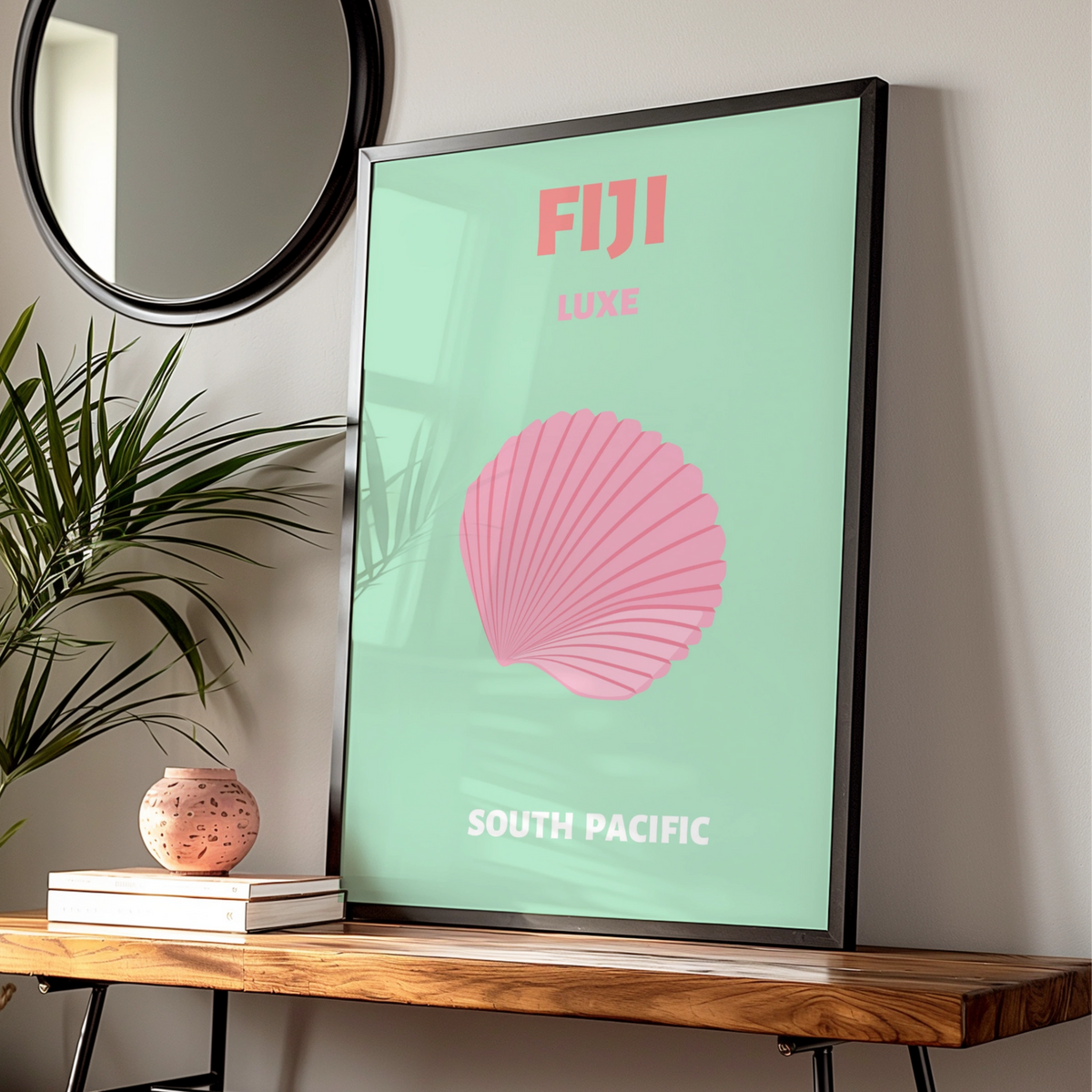 Fiji Travel Poster, South Pacific Wall Art, Retro Shell Print, Mint Pink Coastal Decor