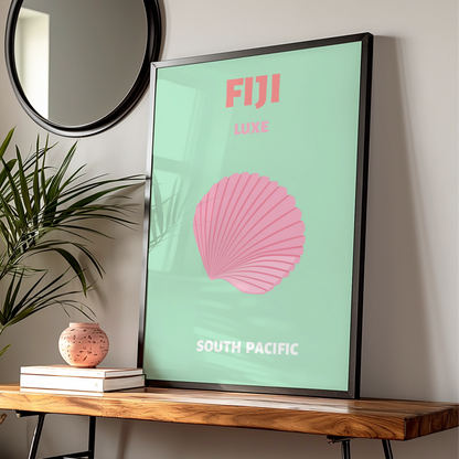 Fiji Travel Poster, South Pacific Wall Art, Retro Shell Print, Mint Pink Coastal Decor