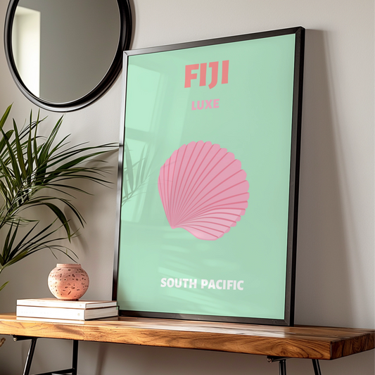 Fiji Travel Poster, South Pacific Wall Art, Retro Shell Print, Mint Pink Coastal Decor — Digital Download