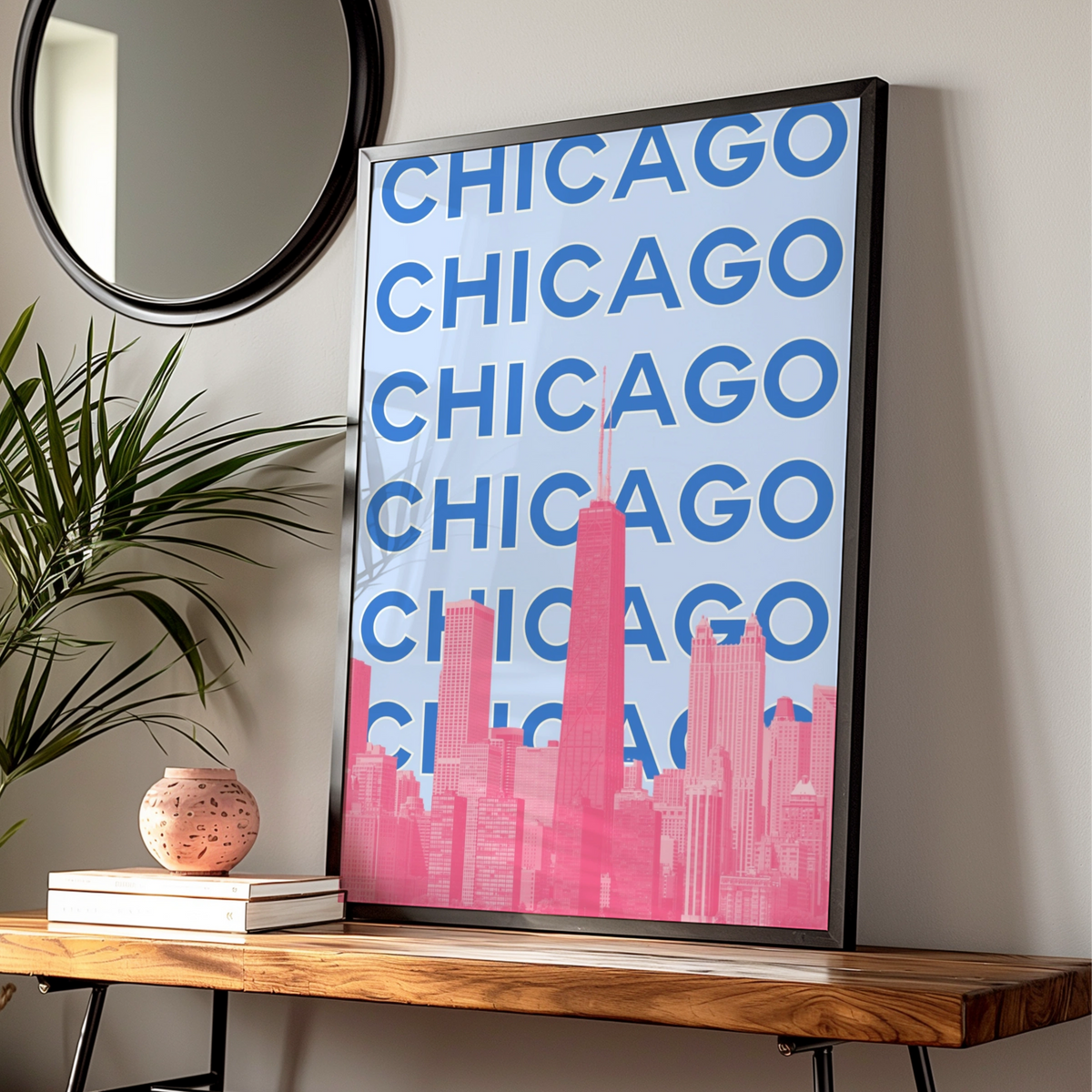 Chicago Travel Poster, Retro City Wall Art, USA Skyline Print, Blue Pink Illinois Decor