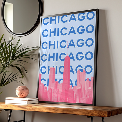 Chicago Travel Poster, Retro City Wall Art, USA Skyline Print, Blue Pink Illinois Decor