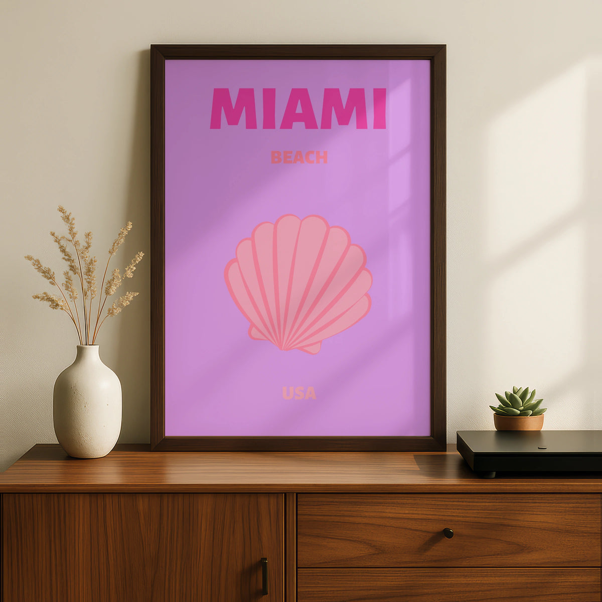 Miami Beach Travel Poster, Florida USA Wall Art, Retro Pink Coastal Print, Seashell