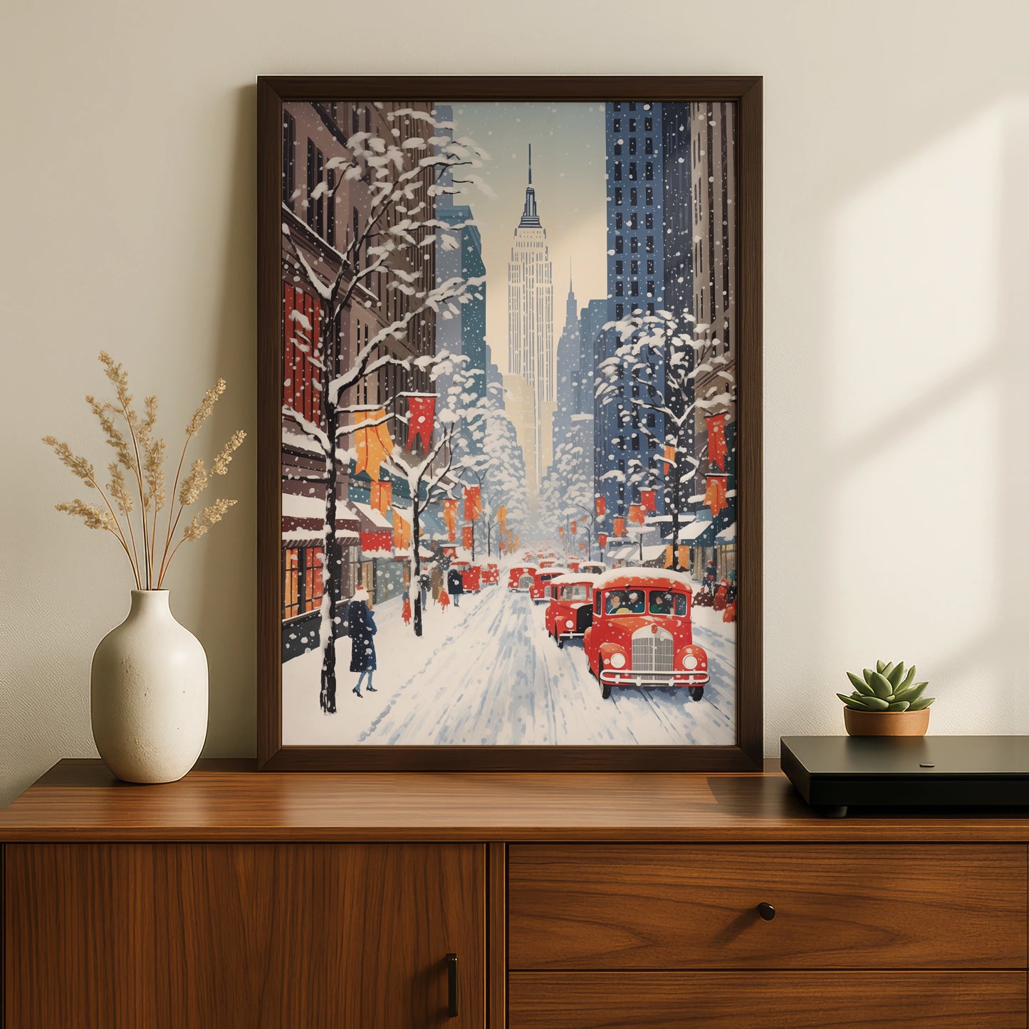 New York Christmas Poster, Snowy NYC Street Art, Empire State Winter Wall Decor Print
