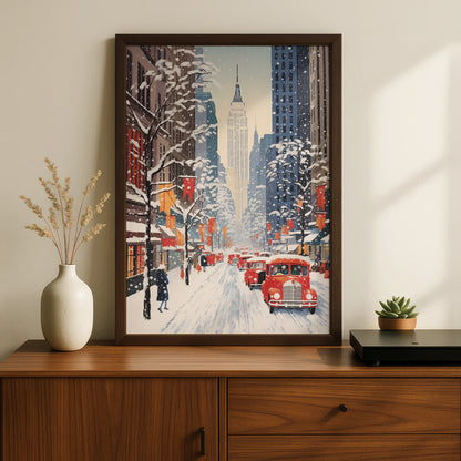 New York Christmas Poster, Snowy NYC Street Art, Empire State Winter Wall Decor Print