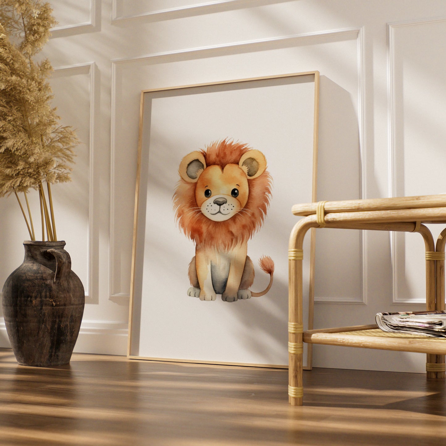 Cute Lion Nursery Wall Art, Watercolour Safari Animal Print, Kids Room Poster