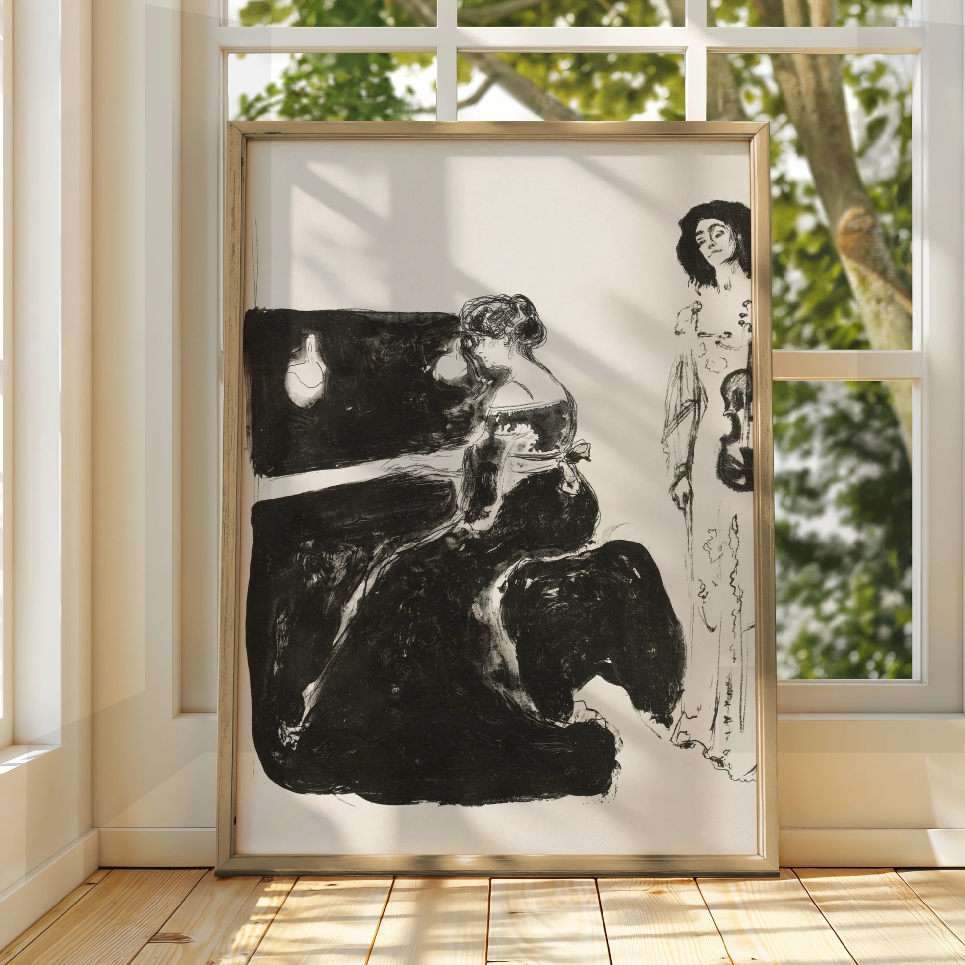 Halloween Gothic Women Music Art Print, Dark Piano Violin Wall Poster, Spooky Black White Decor