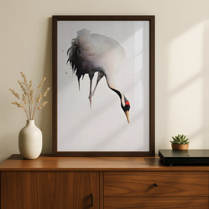 Red-Crowned Crane Print, Japanese Ink Art, Monochrome Bird Poster, Modern Wall Decor