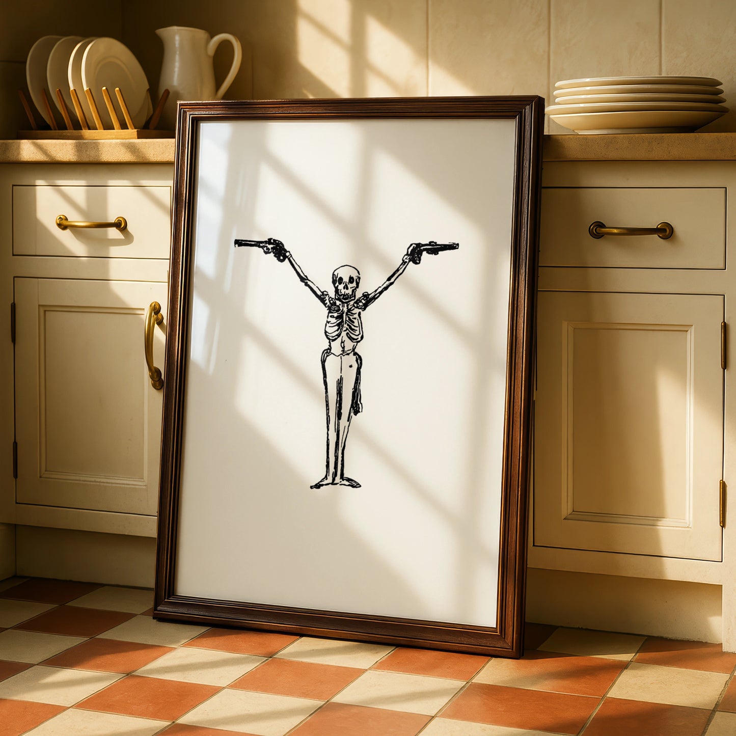 Skeleton With Guns Halloween Wall Art, Spooky Black White Skull Poster, Gothic Halloween Print