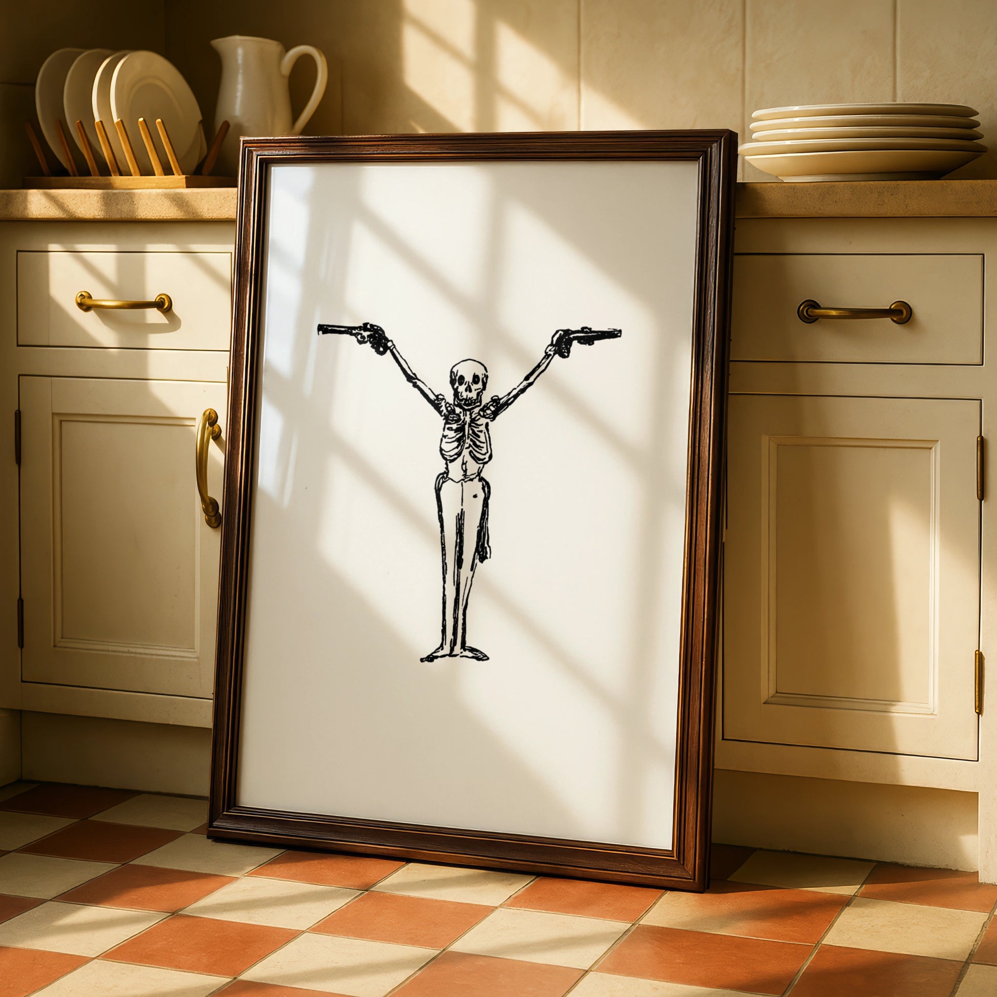 Skeleton With Guns Halloween Wall Art, Spooky Black White Skull Poster, Gothic Halloween Print
