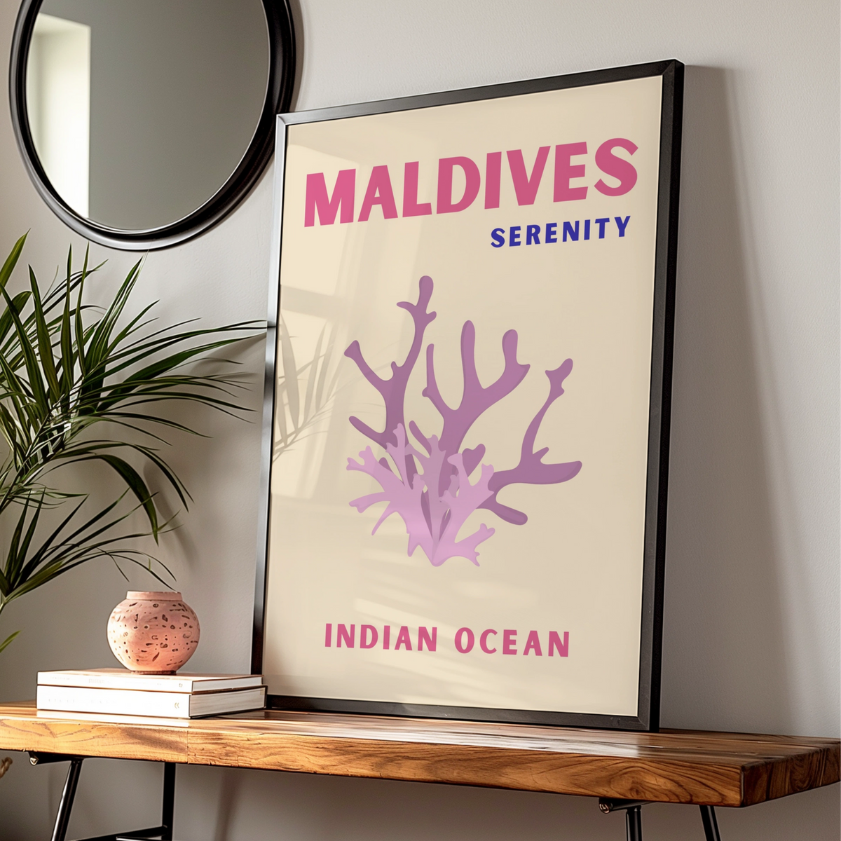 Maldives Travel Poster, Indian Ocean Wall Art, Coral Print, Retro Tropical Decor