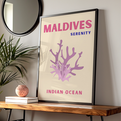 Maldives Travel Poster, Indian Ocean Wall Art, Coral Print, Retro Tropical Decor