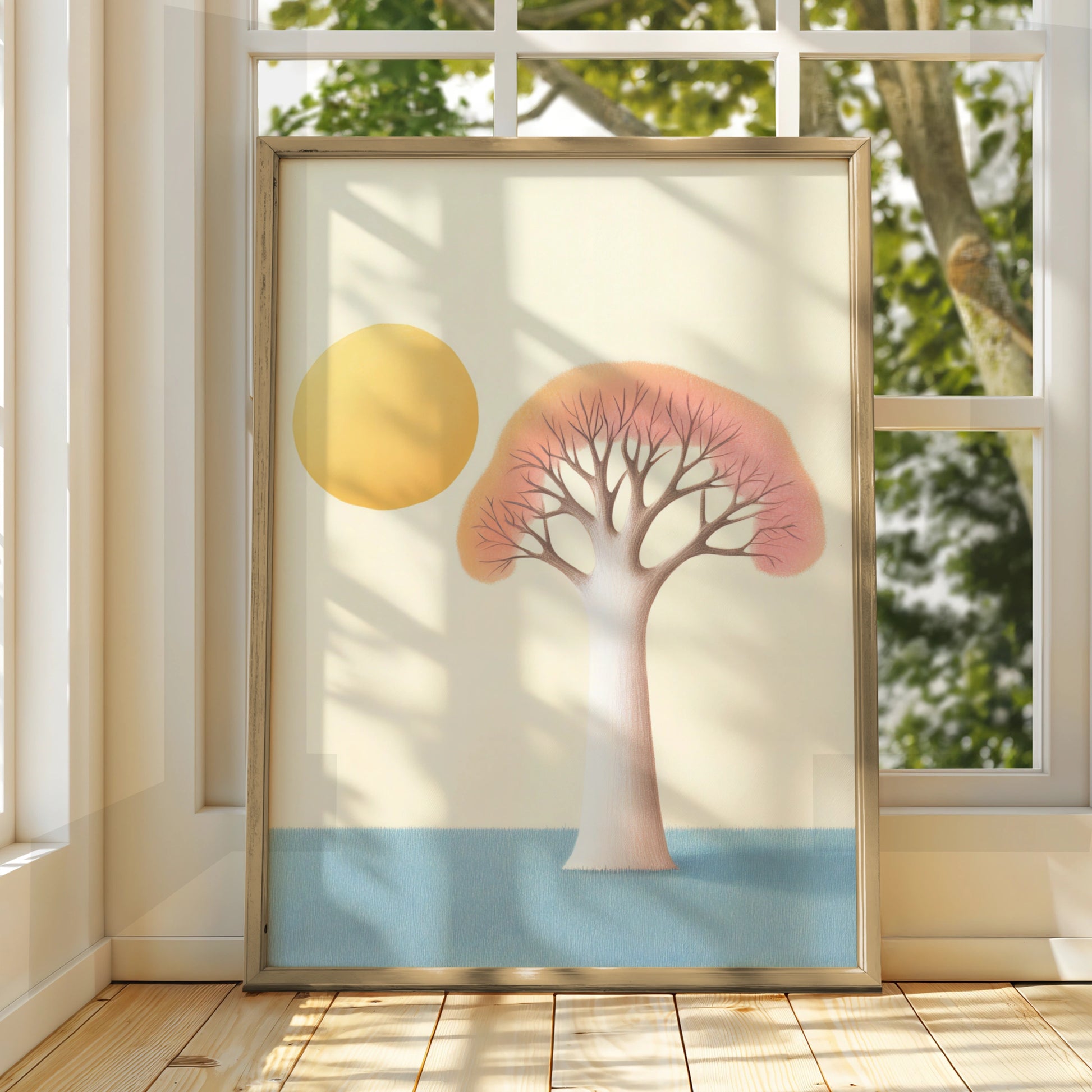 Nursery Tree Wall Art Print, Boho Sun Poster, Pastel Baby Room Decor, Minimalist Kids