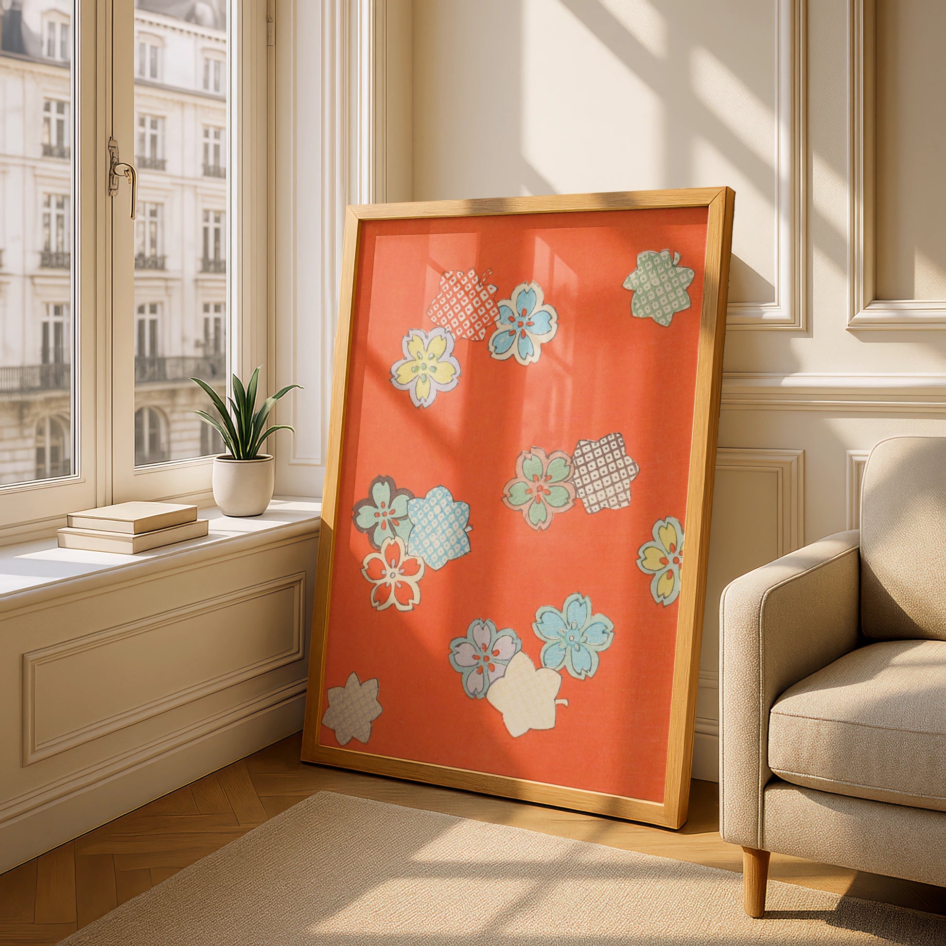 Vintage Japanese Sakura Floral Print, Orange Woodblock Wall Art, Japandi Poster – A5 Oak frame