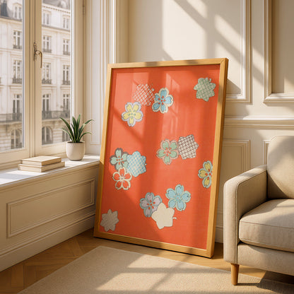 Vintage Japanese Sakura Floral Print, Orange Woodblock Wall Art, Japandi Poster – A5 Oak frame