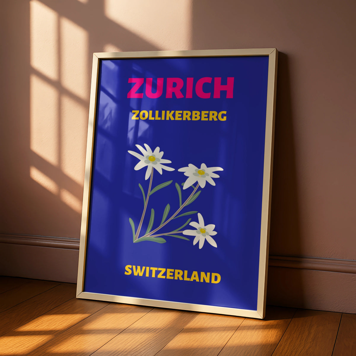 Zurich Switzerland Travel Poster, Zollikerberg Edelweiss Retro Wall Art Print