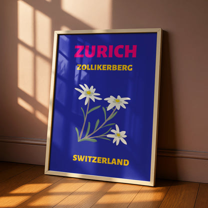 Zurich Switzerland Travel Poster, Zollikerberg Edelweiss Retro Wall Art Print