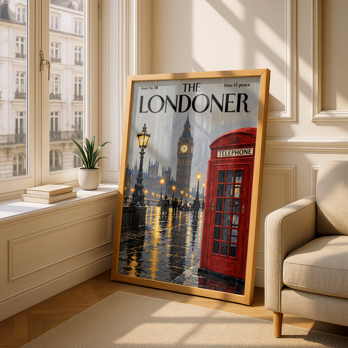 London Rainy Night Poster, Big Ben Red Telephone Box Wall Art, Vintage Magazine Cover Art Print