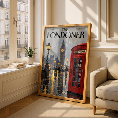 London Rainy Night Poster, Big Ben Red Telephone Box Wall Art, Vintage Magazine Cover Art Print