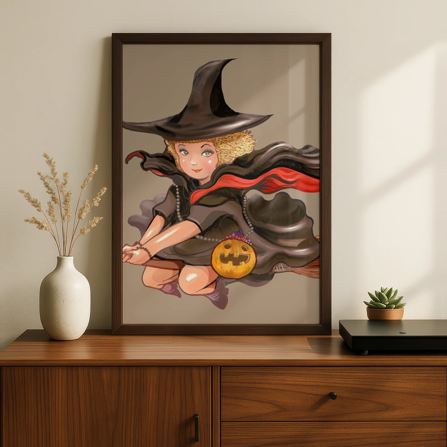 Halloween Witch Poster, Flying Witch Wall Art, Pumpkin Broom Print, Cute Witch Illustration
