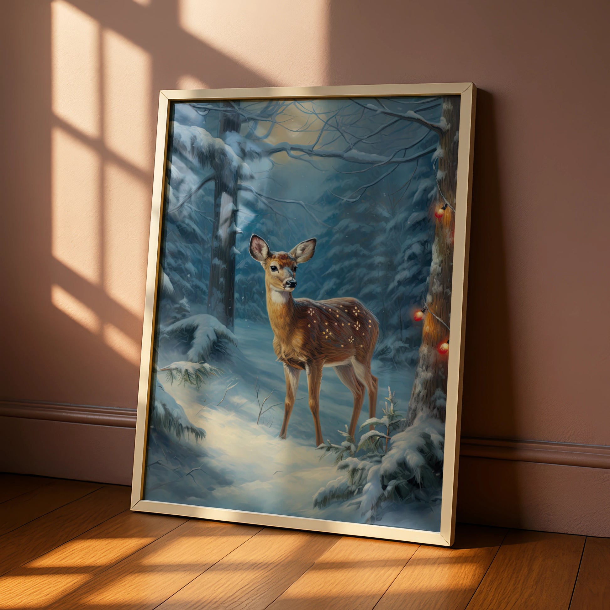 Christmas Deer Poster, Winter Forest Fawn Wall Art, Snowy Woodland Festive Print, Holiday Decor