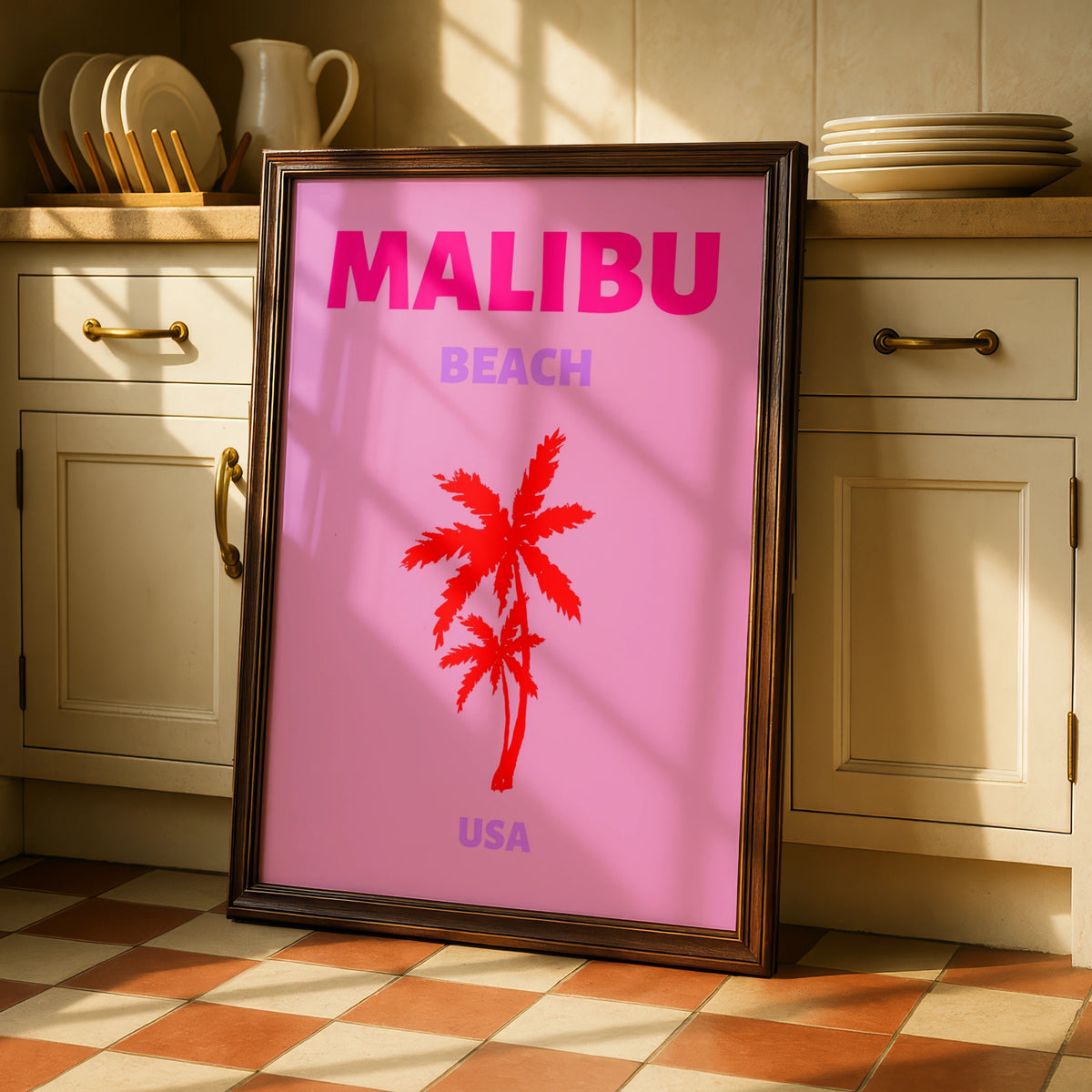 Malibu Beach Travel Poster, California Wall Art, Retro USA Palm Tree Print