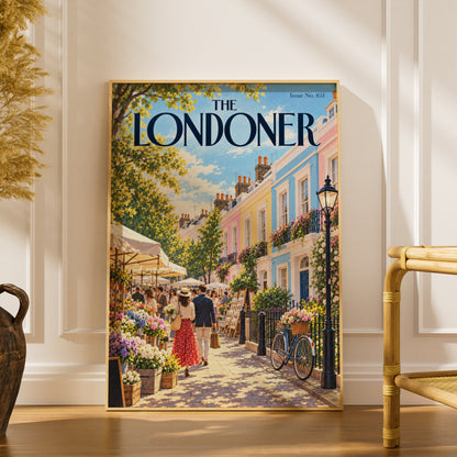 London Street Poster, Pastel Townhouses Flower Market Wall Art, Summer Illustrated Magazine Cover