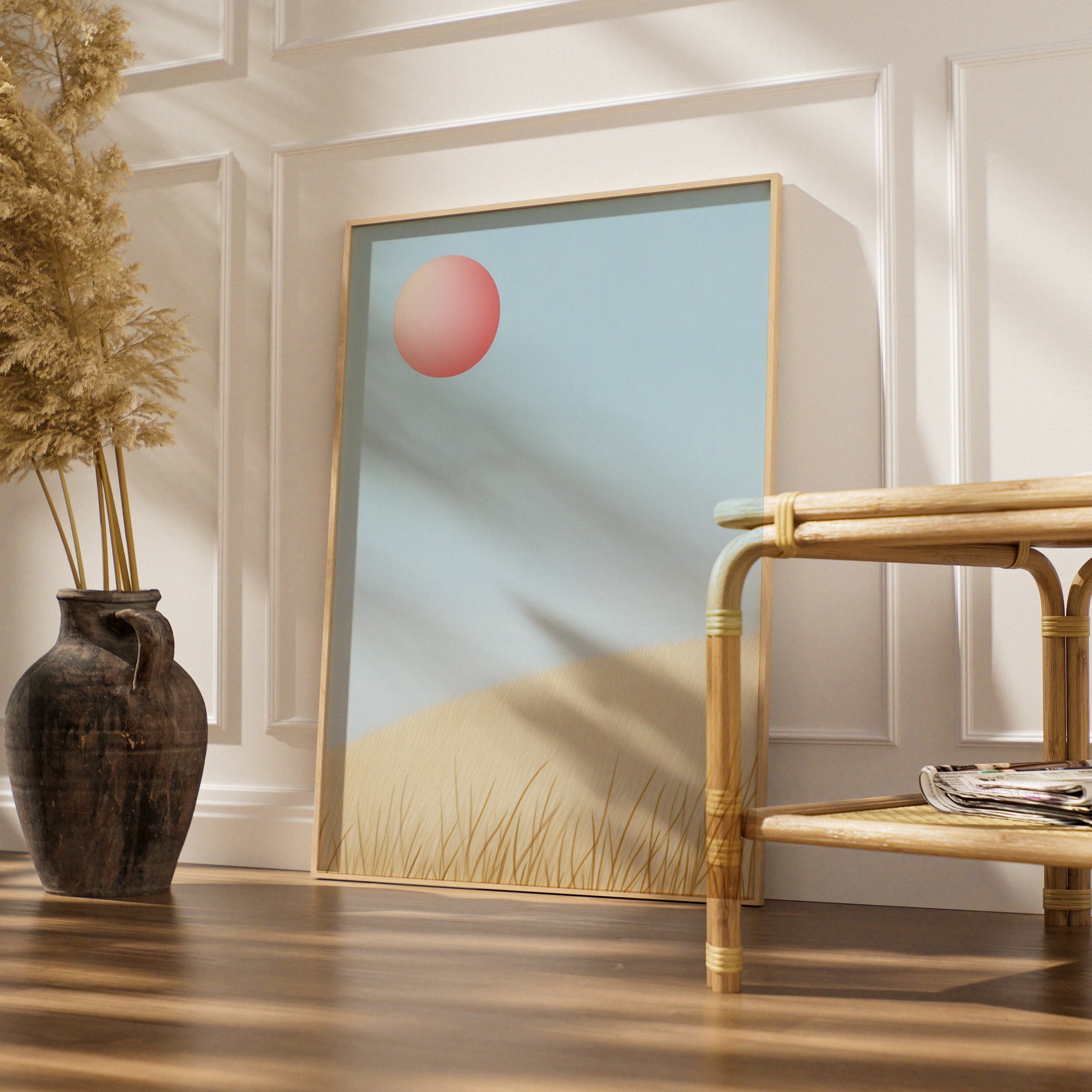 Nursery Wall Art Pink Sun Blue Sky, Minimalist Grass Landscape Print, Baby Room Poster