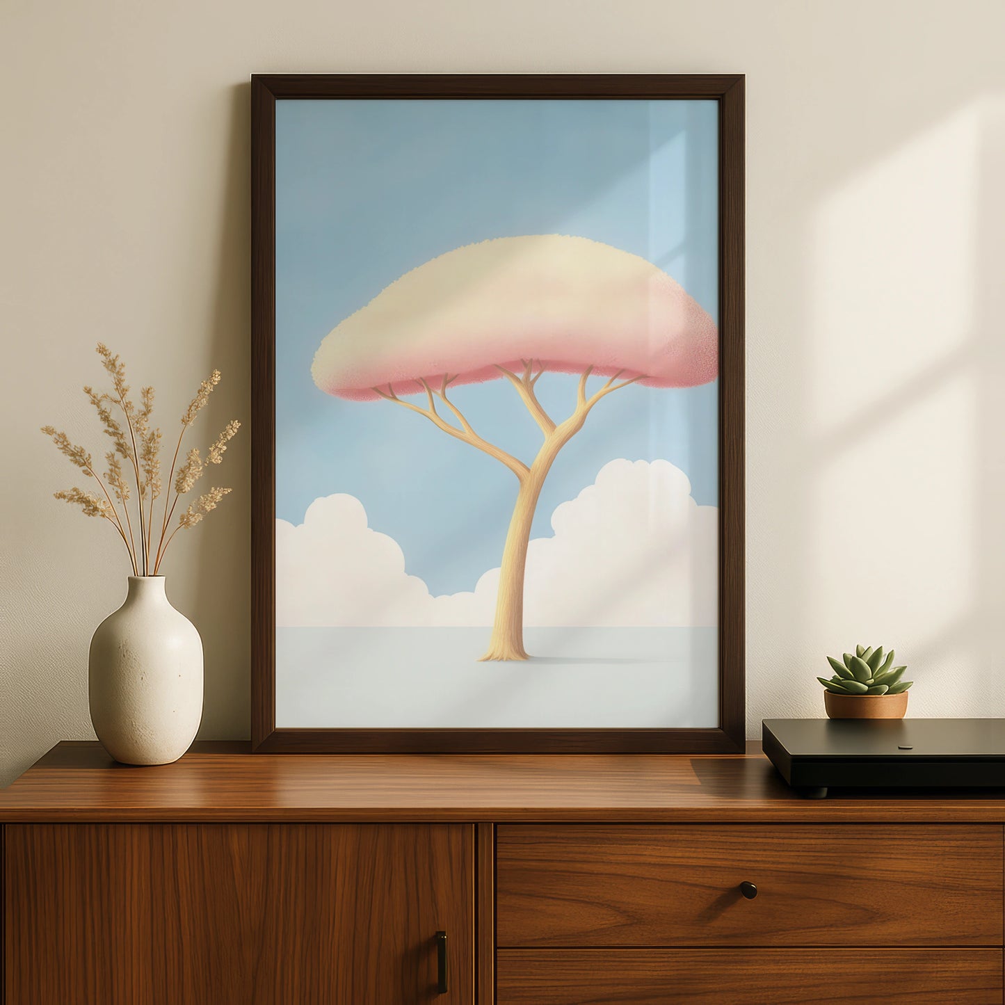 Nursery Tree Wall Art, Pink Pastel Baby Room Print, Minimalist Kids Poster, Blue Sky