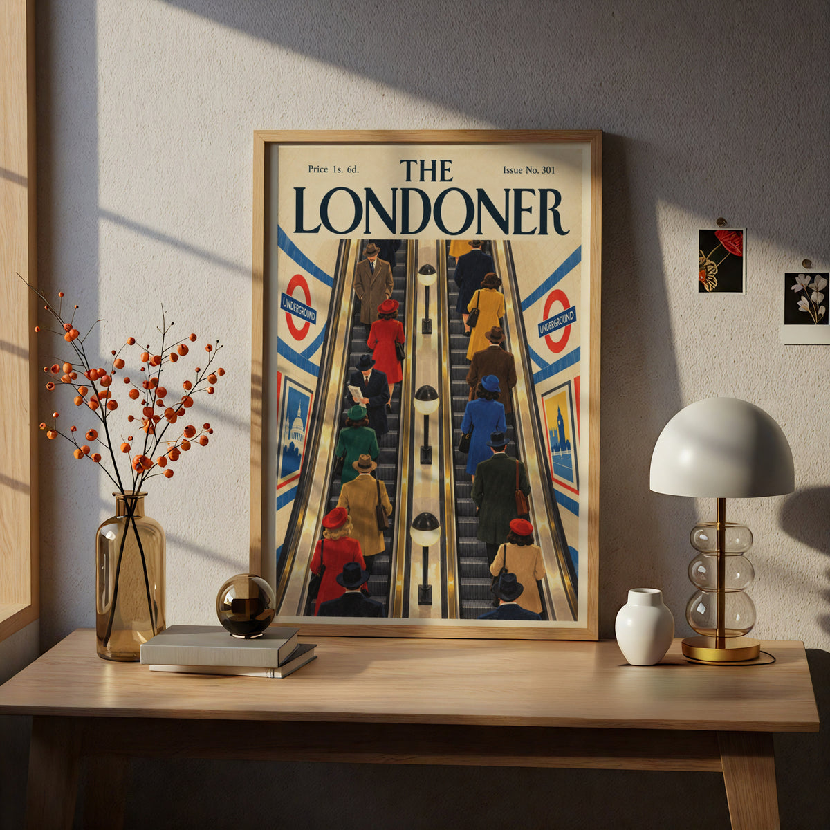 London Underground Escalator Poster, Vintage Magazine Cover Wall Art, Retro Travel Art Print