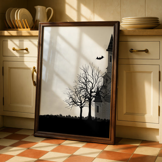 Haunted House Halloween Art Print, Spooky Castle Bats Moon Wall Poster, Gothic Halloween Decor