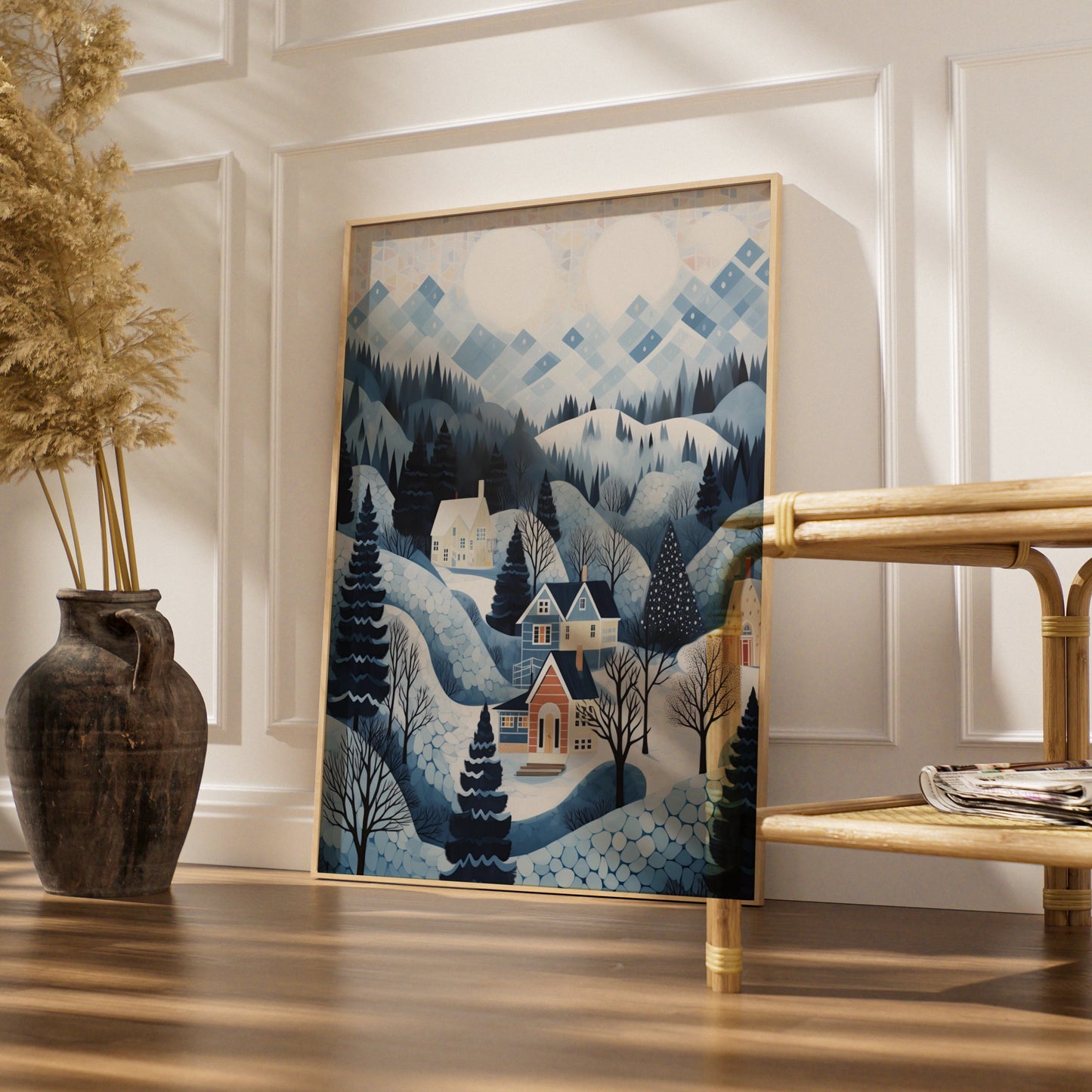 Christmas Winter Village Poster, Snowy Landscape Art Print, Blue Festive Wall Art, Holiday Home