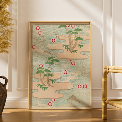 Japanese Woodblock Wall Art, Bijutsukai 1901 Vintage Poster, Crane Pine Japandi Print – A5 print