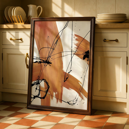 Abstract Brush Stroke Wall Art, Terracotta Black Line Print, Modern Neutral Poster