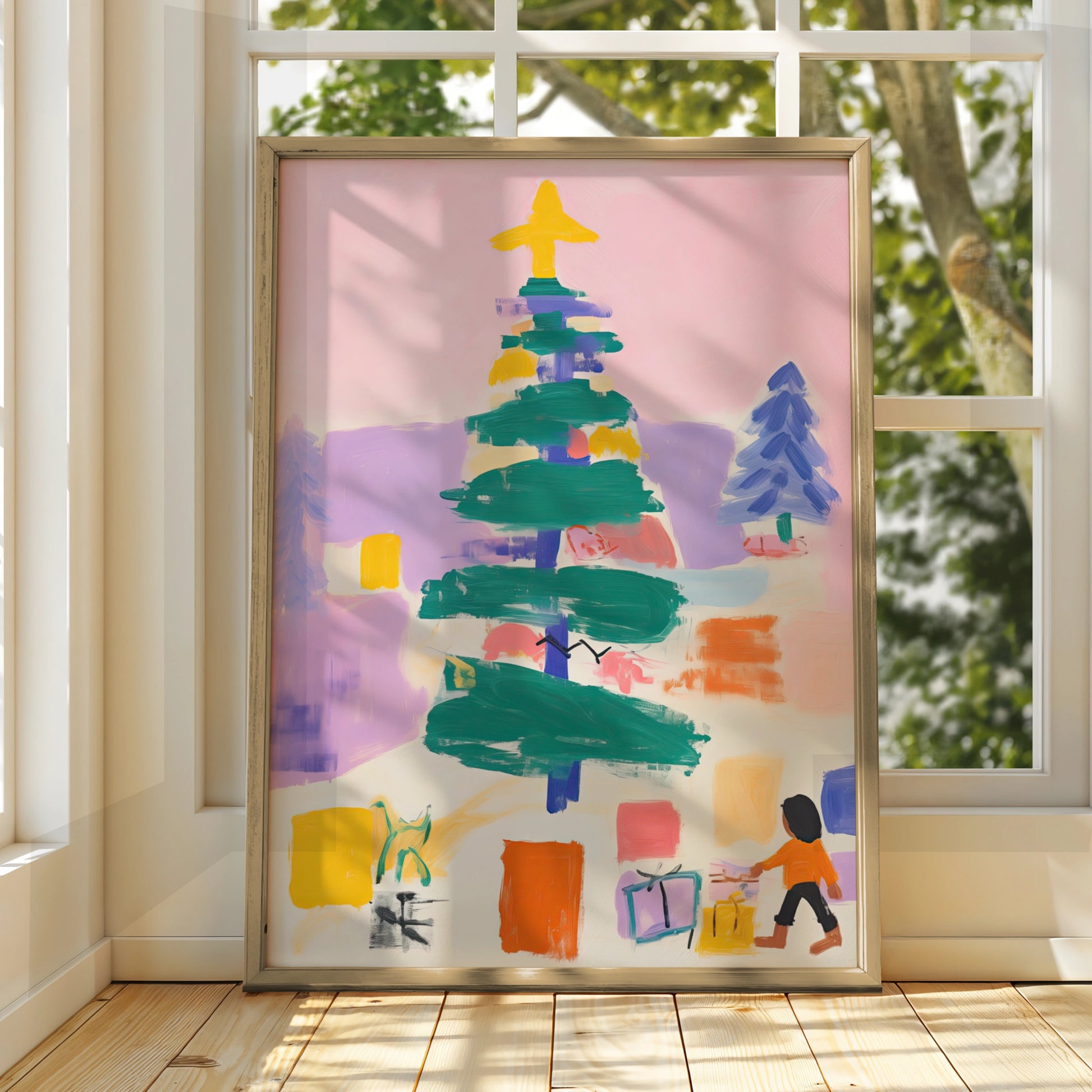 Christmas Tree Poster, Colourful Abstract Xmas Wall Art, Festive Holiday Print for Kids Room