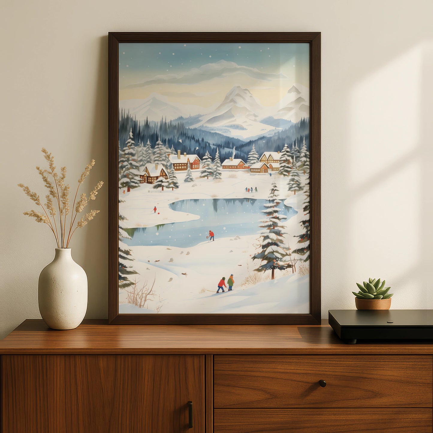 Christmas Winter Village Poster, Snowy Mountain Scene, Festive Wall Art, Holiday Home Decor Print