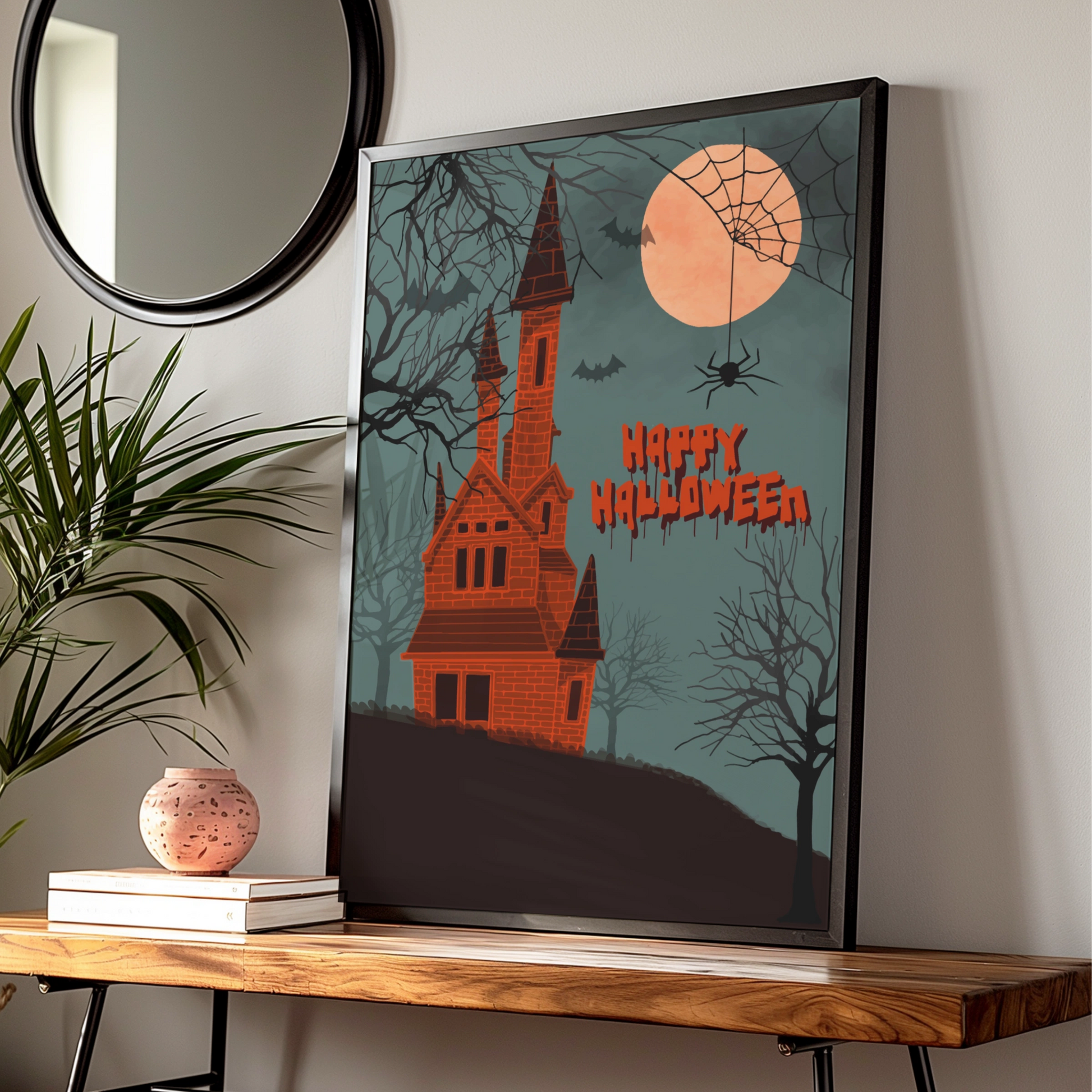 Happy Halloween Haunted House Poster, Spooky Castle Full Moon Bat Spider Wall Art